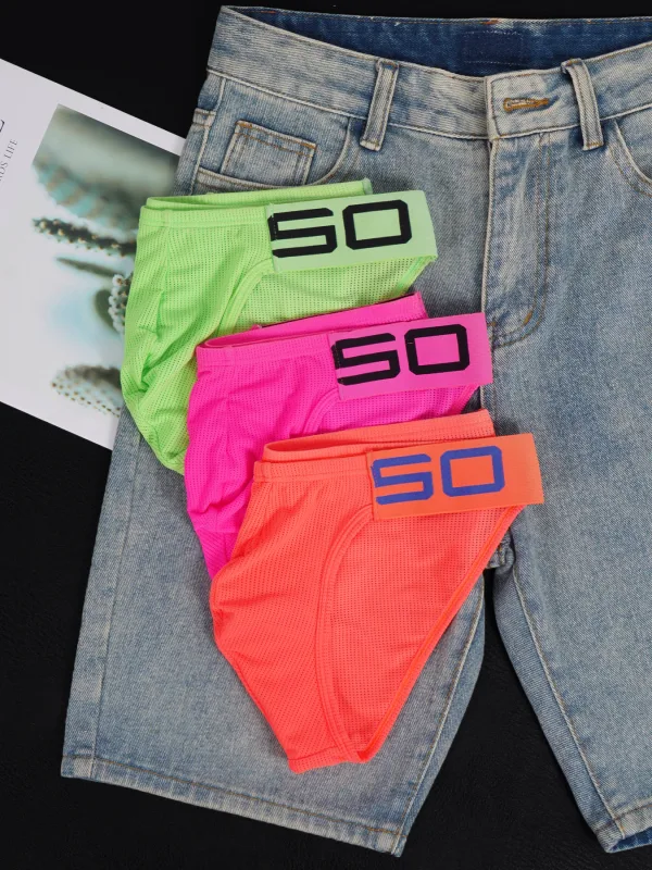 Herren-Slip aus Nylon-Mischgewebe, atmungsaktiv, Horn, Spleiß, Buchstabenprägung, breiter elastischer Bund, fluoreszierende Farbe, sexy Unterwäsche