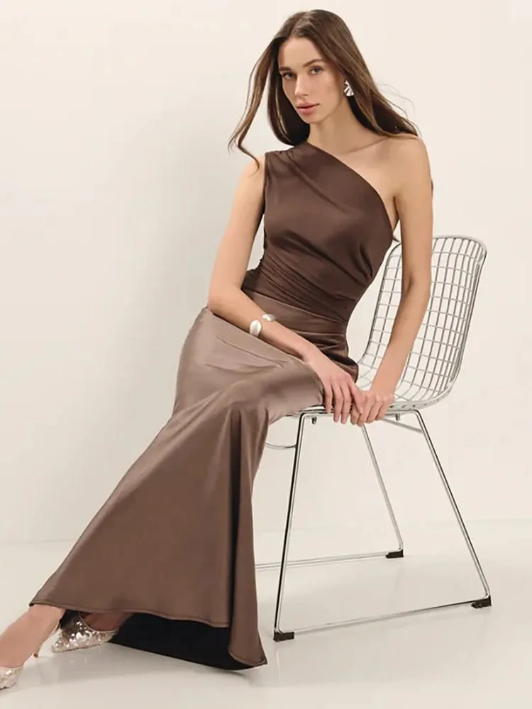 Mozision Satin Inclined Shoulder Sexy Maxi Dress Women Fashion Patchwork Sleeveless Backless Bodycon Evening Club Party Dress