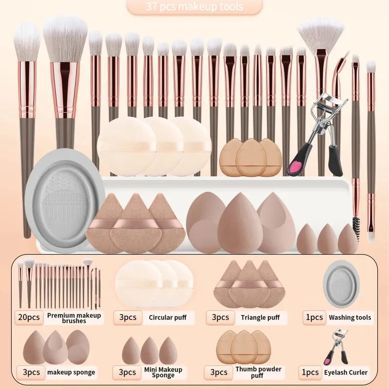 37PCS Makeup Tools Set 20 Brushes + Sponges Puffs Eyelash Curler Cleaning Tool for Full Face — image 12