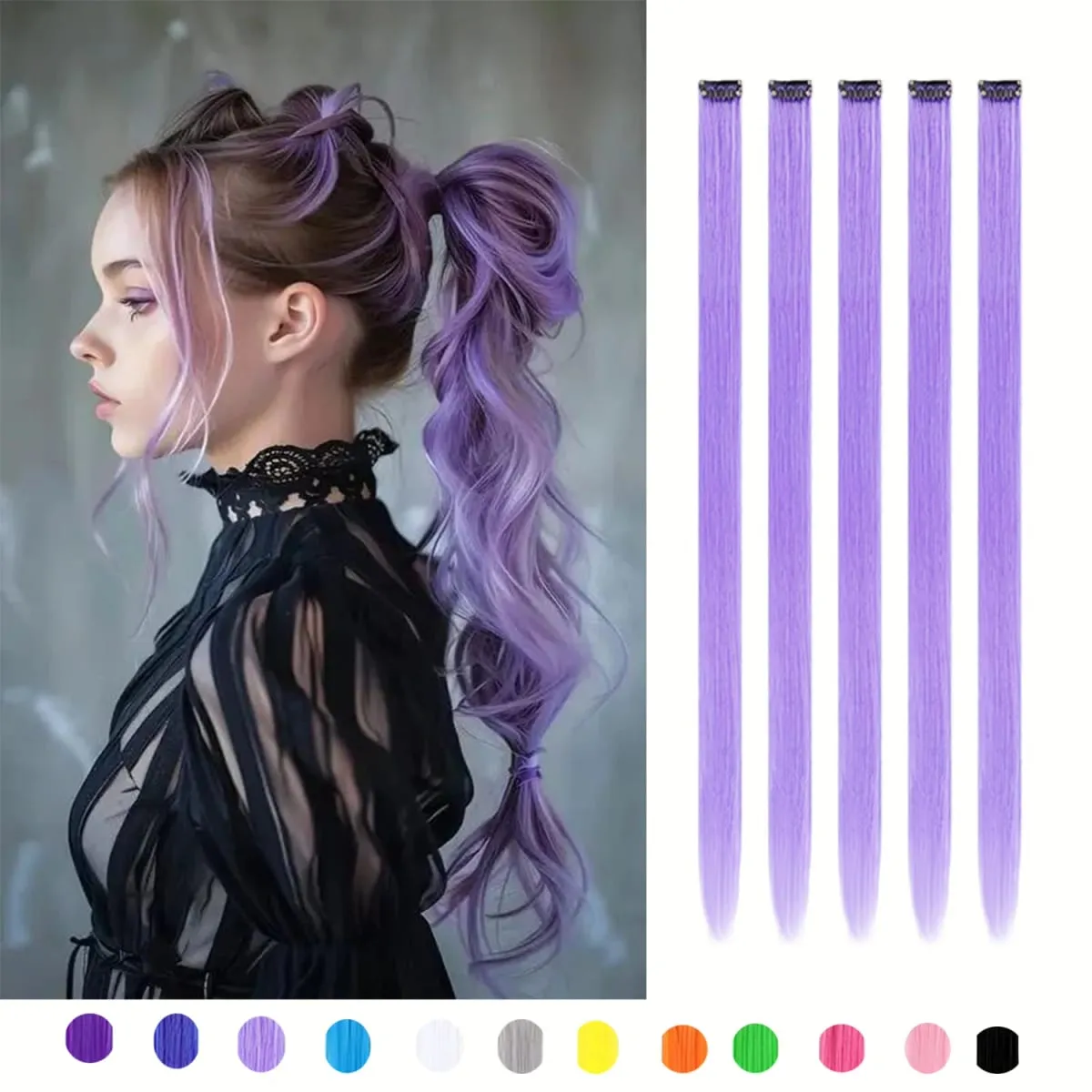 5Packs Colored Hair Extensions 22Inch Straight Color Clip in on Hair Extension Rainbow Party Highlights Synthetic Hair