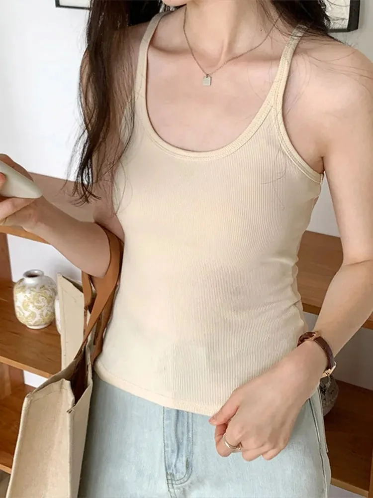 Summer New Solid Color Simple Women's Tanks Slim Casual Fashion Female Top Apricot Dark Grey Dark Coffee Black Tanks