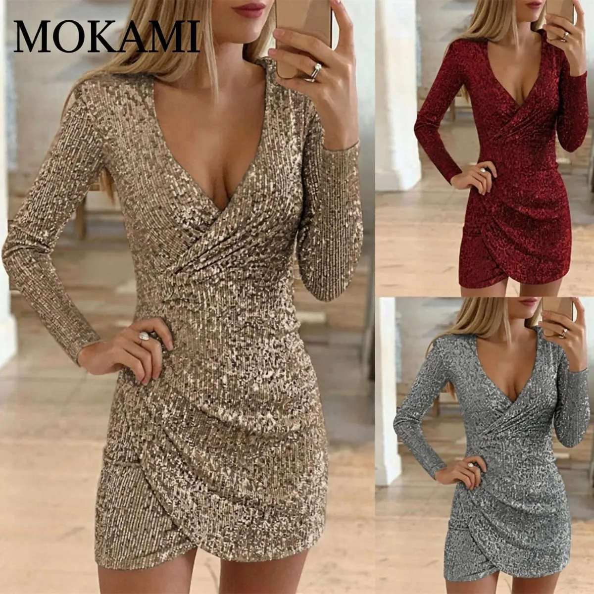 Sexy V-Neck Bodycon Mini Dress with Asymmetrical Hem And Sequins for Women Autumn Fashion European And American Style Evening Go
