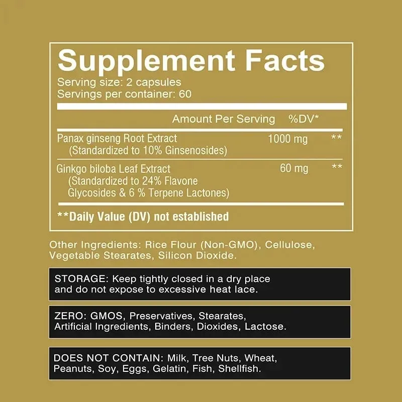 Panax Ginseng + Ginkgo Biloba - Immune Support Enhance Physical Performance Improve Memory and Maintain Overall Health
