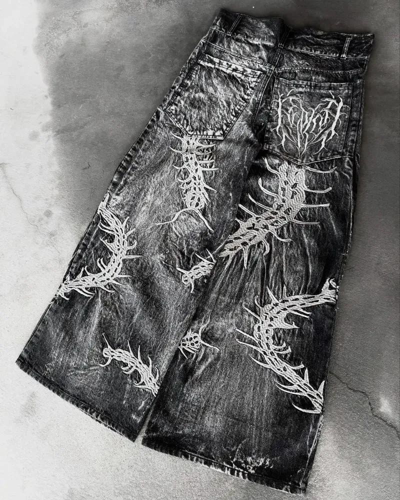 90s Gothic Centipede Embroidery Washed Oversized Wide-Leg Pants Jeans Men Y2K New Harajuku Punk Hip-Hop Rock Couple Street Wear