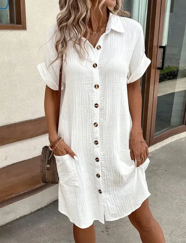 Sexy Button Loose Blouse Dress Summer Female Turn Down Collar Breasted Button Short Sleeve Pocket Beachwear Dresses SZE-ST24056 — image 9