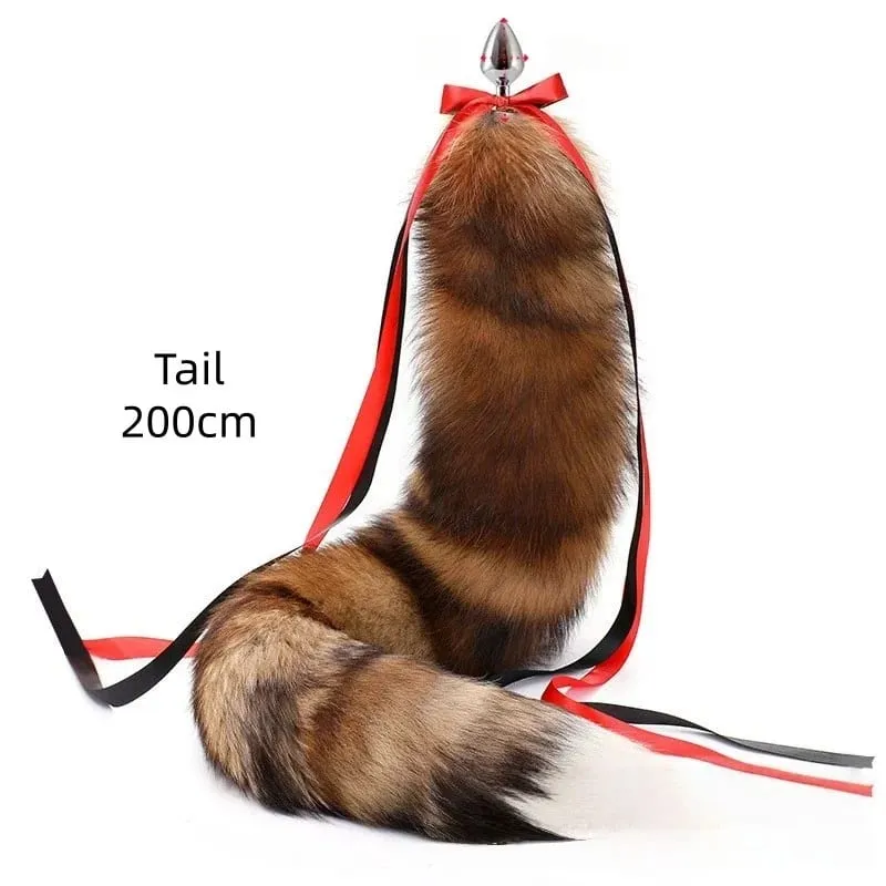 200cm Soft Real Fur Fox Tail Anal Plug with Split Design Metal Butt Plug for Women Cosplay Costume Flirt Sensory Sex Toys