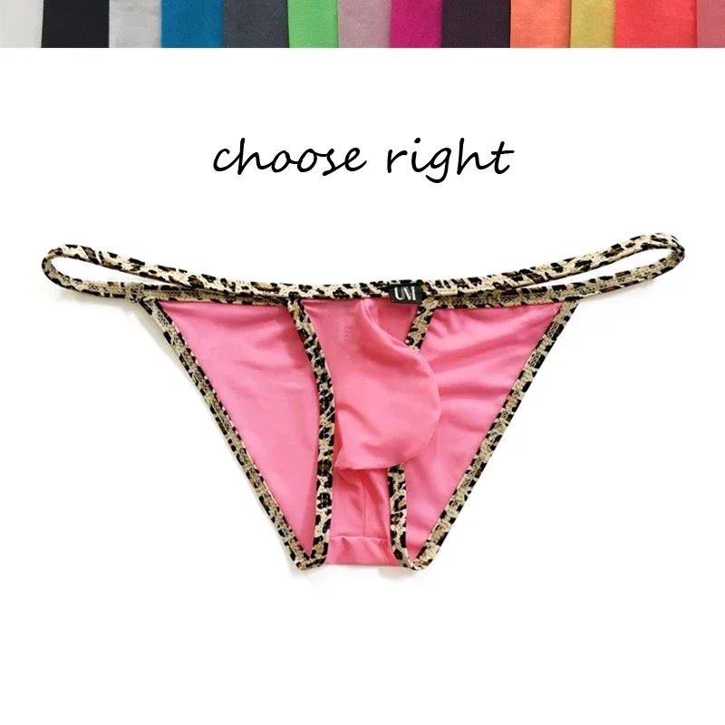 Men's Low Waist Nylon Briefs with Strings Leopard Print Micro Bikini Style Underwear Thin Ultra Slip Push-Up with Bulge Pouch