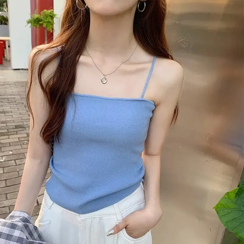 여름 민소매 캐미 백 레스 스트랩 탱크 탑 캐주얼 여성 홀터 자르기 탑 슬림 솔리드 짧은 여성 튜브 자른 조끼 2026