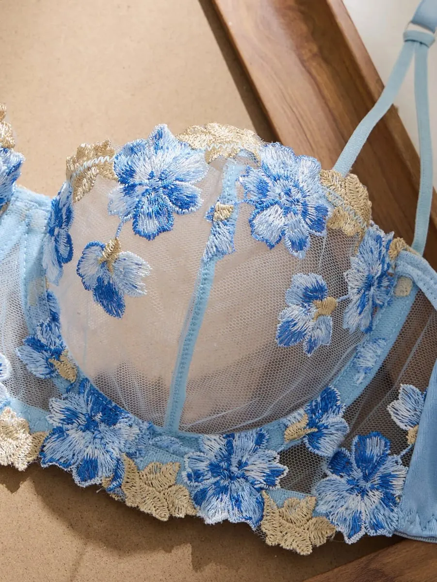 Romantic Fairy Floral Embroidery Lingerie Set Sheer Mesh Longline Bra Panty Set Women Sexy See‑Through Mesh Intimate Sleepwear