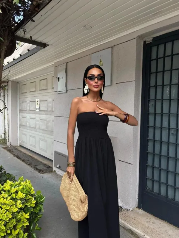 2026 Nieuwe zomermode effen kleur off-shoulder strapless taille-cinching lange jurk voor dames