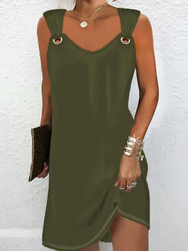 Women Summer Casual Dresses 2025 Elegant Simple Style Solid Color Metal Button V-neck Sleeveless Dress Female Sexy Midi Vestidos