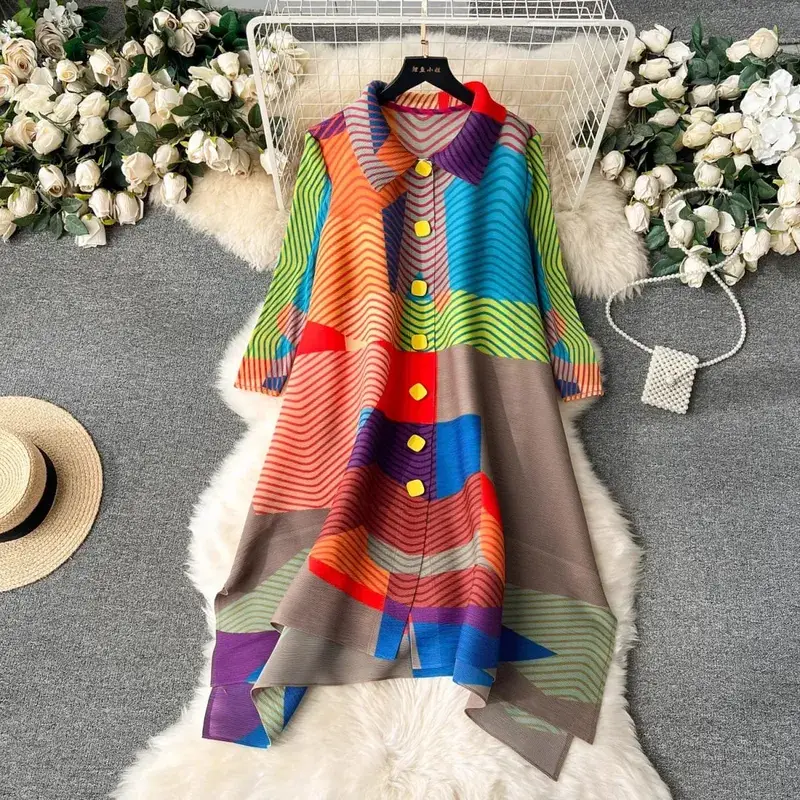 Miyake Abito drappeggiato a pieghe Donna 2024 Primavera Estate Colorblock Stampa Risvolto Manica 3/4 Abiti camicia monopetto moda