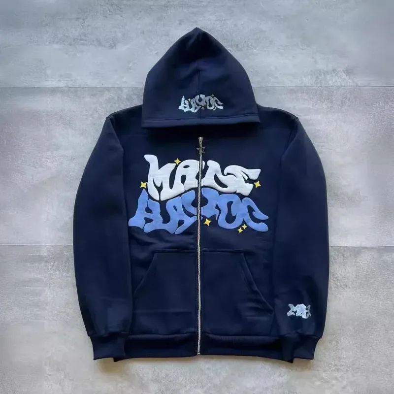 Men's Retro American Letter Zipper Printed Hooded Sweatshirt Unisex Autumn and Winter Open Cardigan