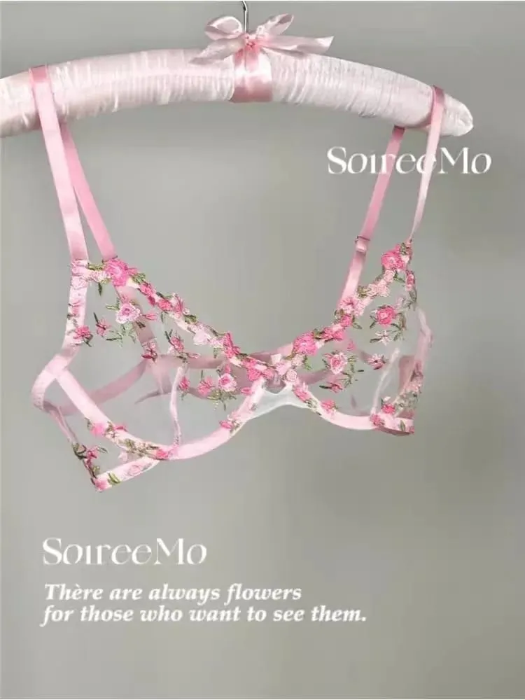 Vintage French Maid Sexy Lingerie Floral Embroidery Heavy Lace See-Through Set 32-38 AB Comfortable Plus Size Underwear MOYISU