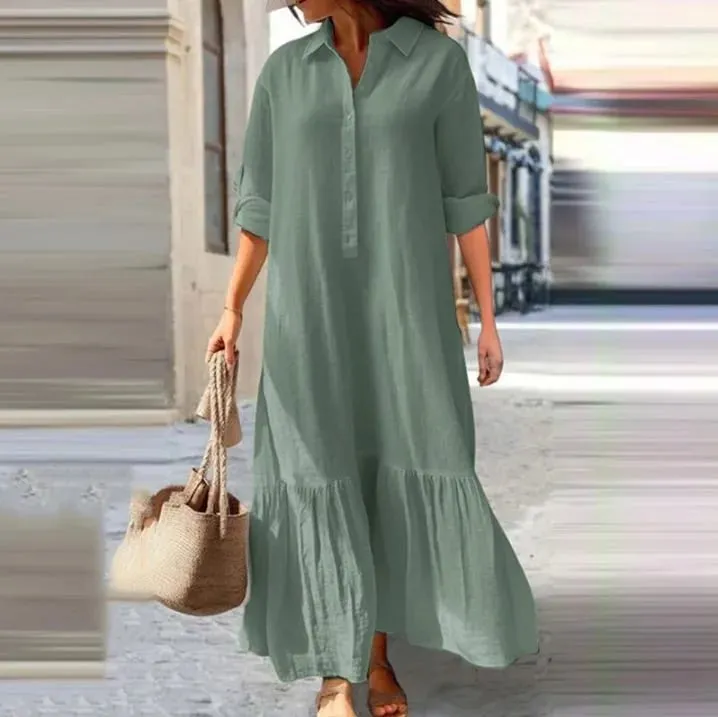 Cotton Linen Long Dress Women Long Sleeve Button Solid Color Casual Ruffles Loose Dresses Spring Autumn Comfortable Shirt Dress — image 8