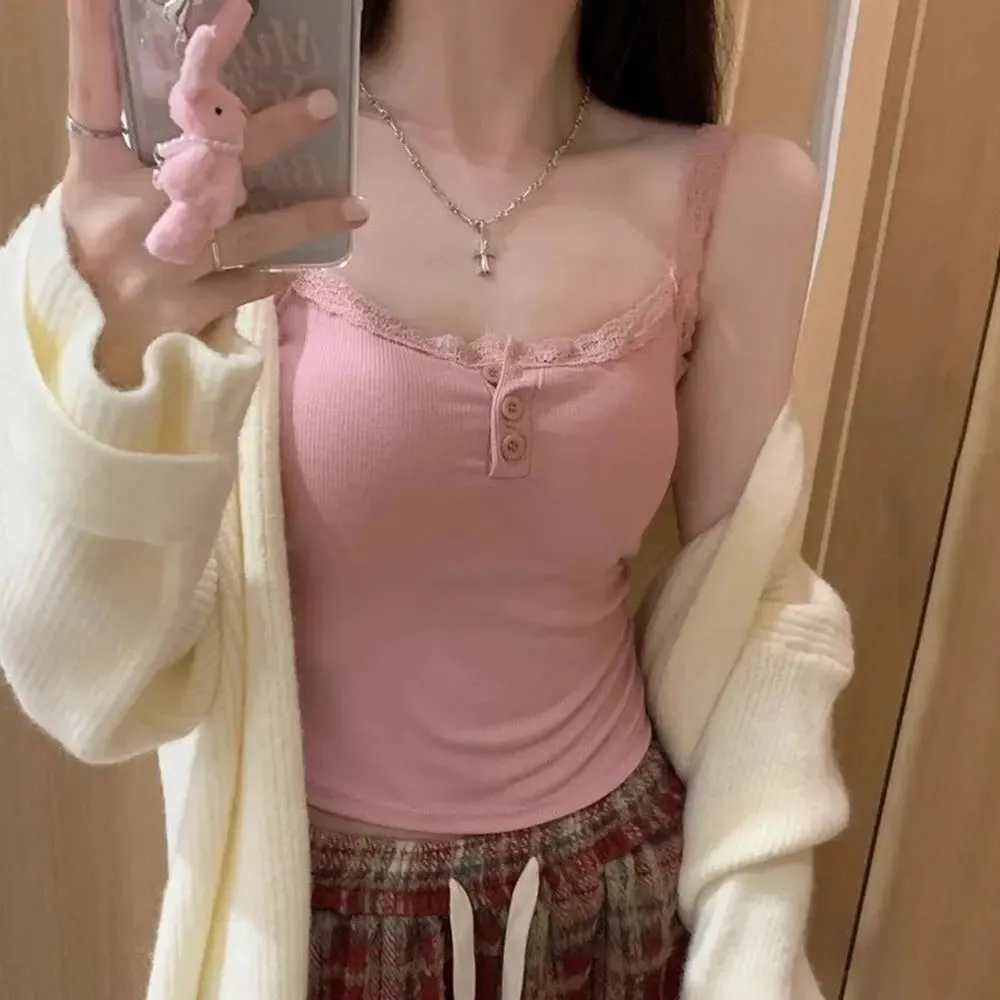 Y2K Lace Trim Spaghetti Strap Cami Top Button?Front Ribbed Knit Slim Fit Sleeveless Crop Camisole Women Casual Basic Tank Top — image 10