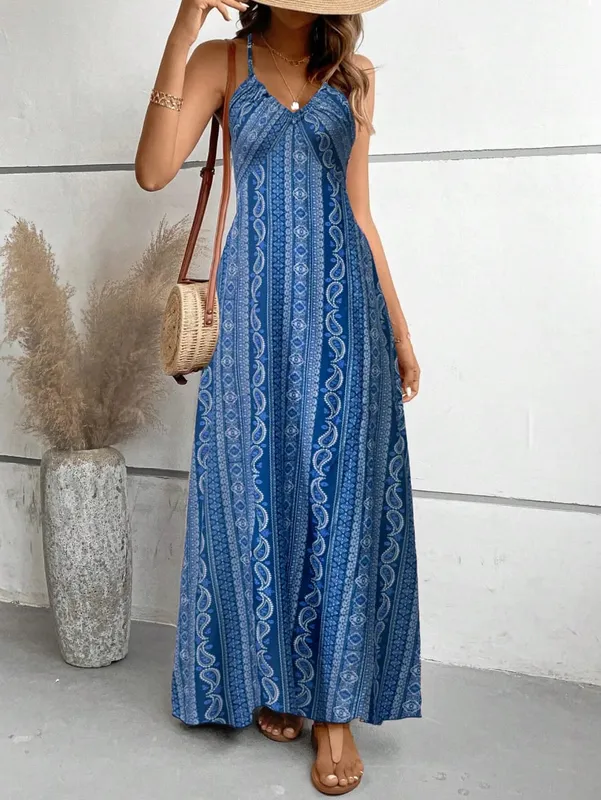 Women's Summer Ethnic Pattern Backless Split Thigh Dress Ladies Summer Clothes Boho Fashion Frill Trim Long Dress for Beach