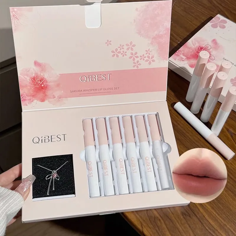 6Pcs/Box Matte Lipstick Sets And Mirror Watery Lip Glaze Lasting Lip Makeup Sets Moisturizing Lipgloss Necklace Gift