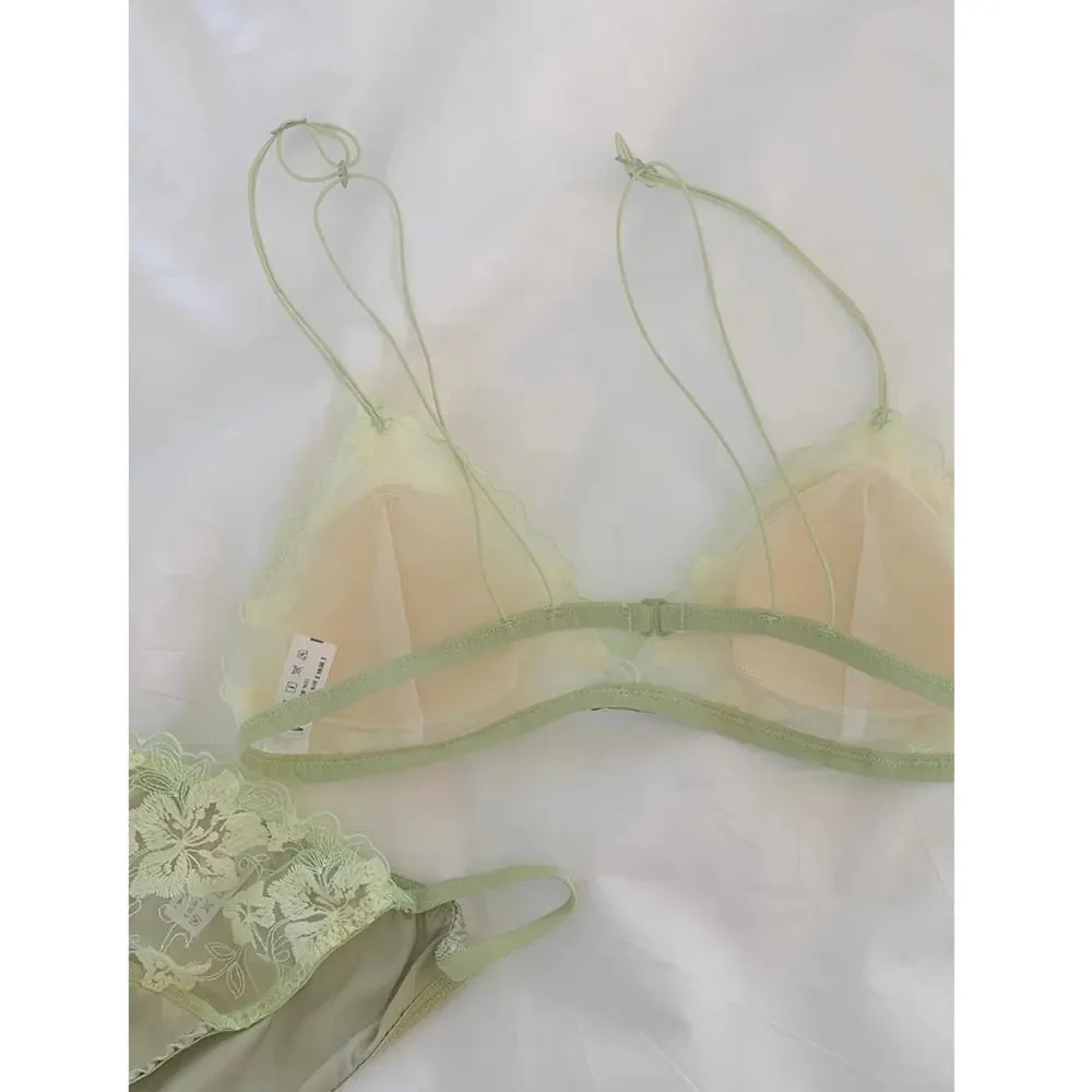French Romantic Flower Embroidery Sexy Women's Bra Set Thin Straps Lace Seamless Underwear Set Mesh Hollow Out Lingerie