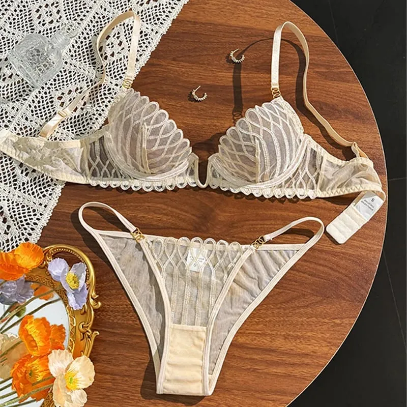 New Lace Transparent Lingerie Set Sexy Hot V Neck Anti Sagging Breathable Bra Panty Ensemble Fashion Daily Women Clothes Supply