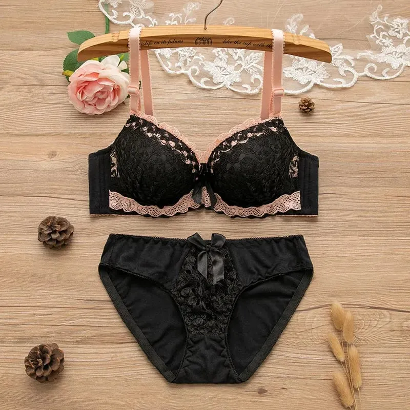 Women Underwire Sexy Lace Bra&Panty Shape‑Adjustable Push‑Up Bra For Small Bust Young Girls Anti‑Sagging Support Lingerie Set