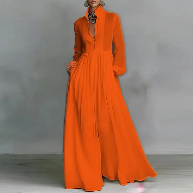 フレンチエレガントなハイウエストスイングロングドレス女性春ソリッドポケットプリーツマキシドレス秋長袖ボタンイブニングドレス