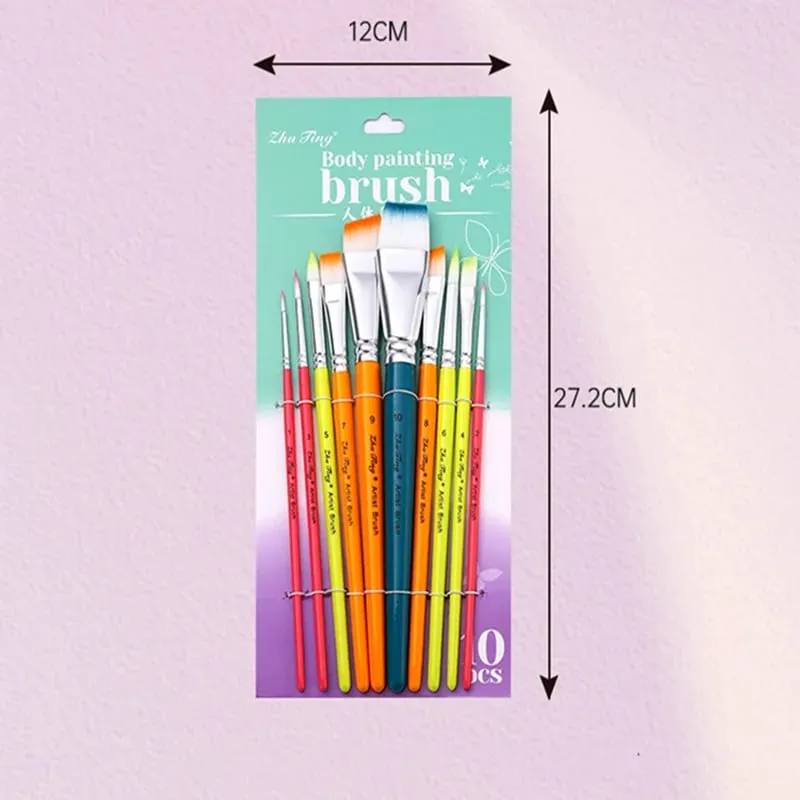 10pcs Professional Face Painting Brushes Set Nylon Bristles for Stage Makeup Petal Dome Tips Art Makeup Tool