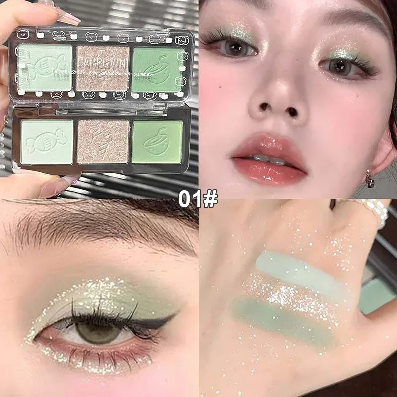 3-Color Glitter Eyeshadow Strip Palette Brightening Waterproof Gradient Mint-green Summer Lying Silkworm Eye Pigment Makeup