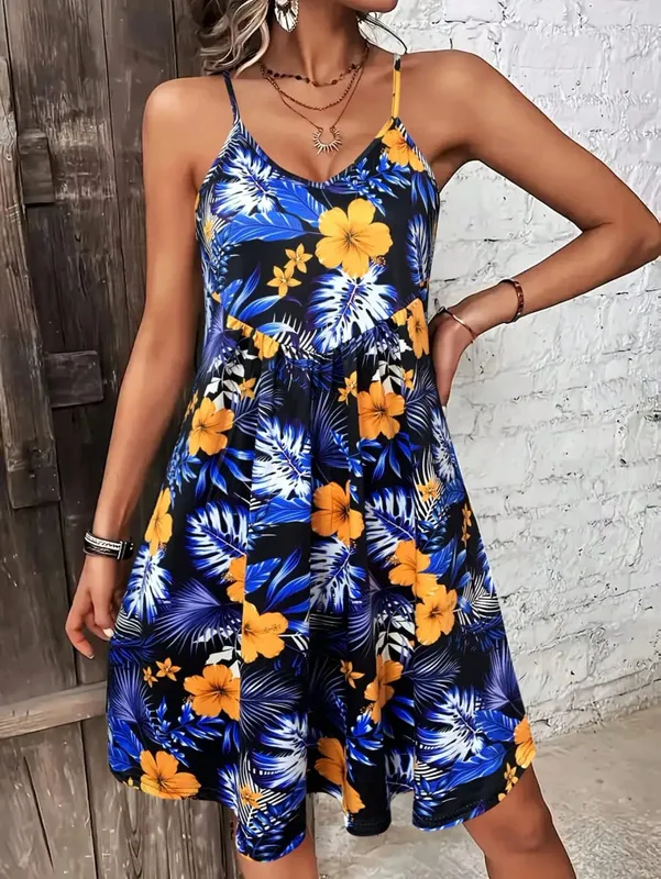 Summer Vacation Style Print V-Neck Spaghetti Strap Dress Camisole Dress for Vacation Outfits Bohemia Dresses for Women Summer