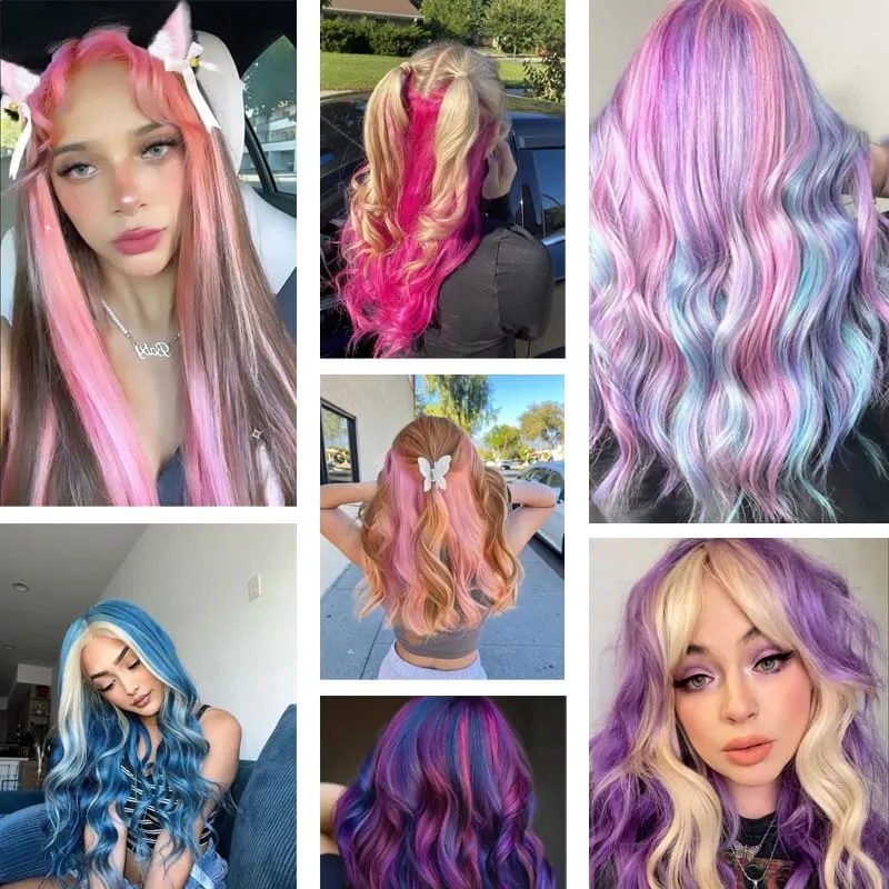 10Pcs Synthetic Colored Clip in Hair Extensions Hairpiece Party Highlights Straight Hair wig for Girls Kids Christmas Party Use