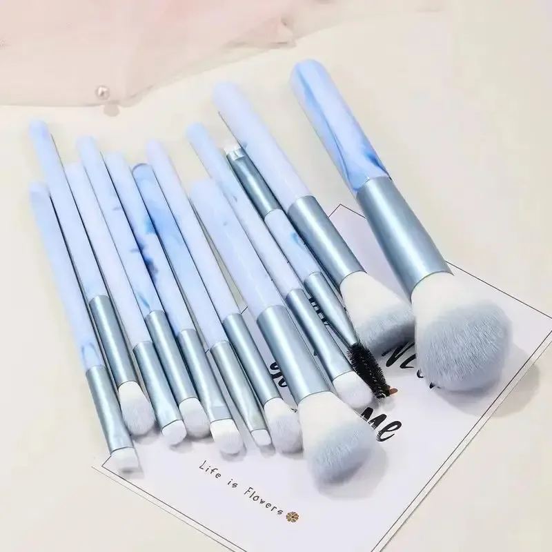 Conjunto de pincéis de maquiagem azul, 12 peças, base profissional, pó, blush, corretivo, fibra sintética, pincel de cerdas — image 4