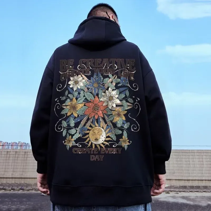 M-8XL oversized hoodies masculino americano sol lua flor impressão oversized hoodie solto moletom com capuz grande estudante — image 1