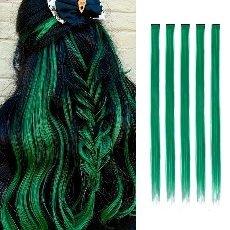 22 Inch Green Heat-Resistant Synthetic Hair Party Pick Hair Clip Wig Green Hair Extensions Set Messy Bun Clip Extensions