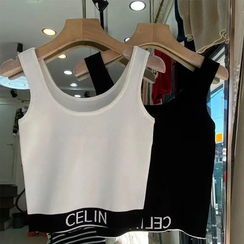Spring and Summer New Korean-style Hem Letter Stripes Slimming Knitted Halter Top Versatile Slimming Solid Color Vest for Women