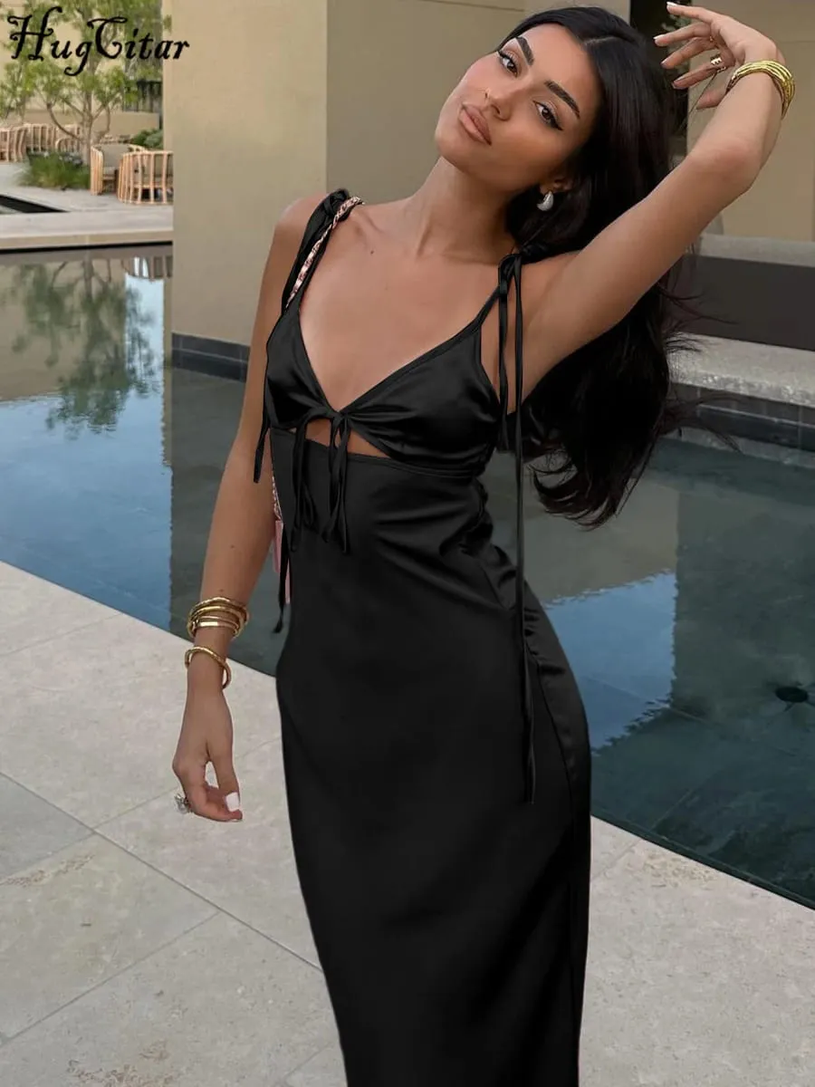 Hugcitar Scollo a V Solid Sottovesti Backless Scava Fuori Lace Up Sexy Aderente Maxi Abito da ballo Estate Donna Abiti eleganti Festa di compleanno