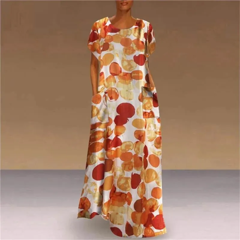 Spring Summer Long Dresses For Women New Floral Printing Short Sleeve Pockets Round Neck Casual Elegant Loose Female's Vestidos