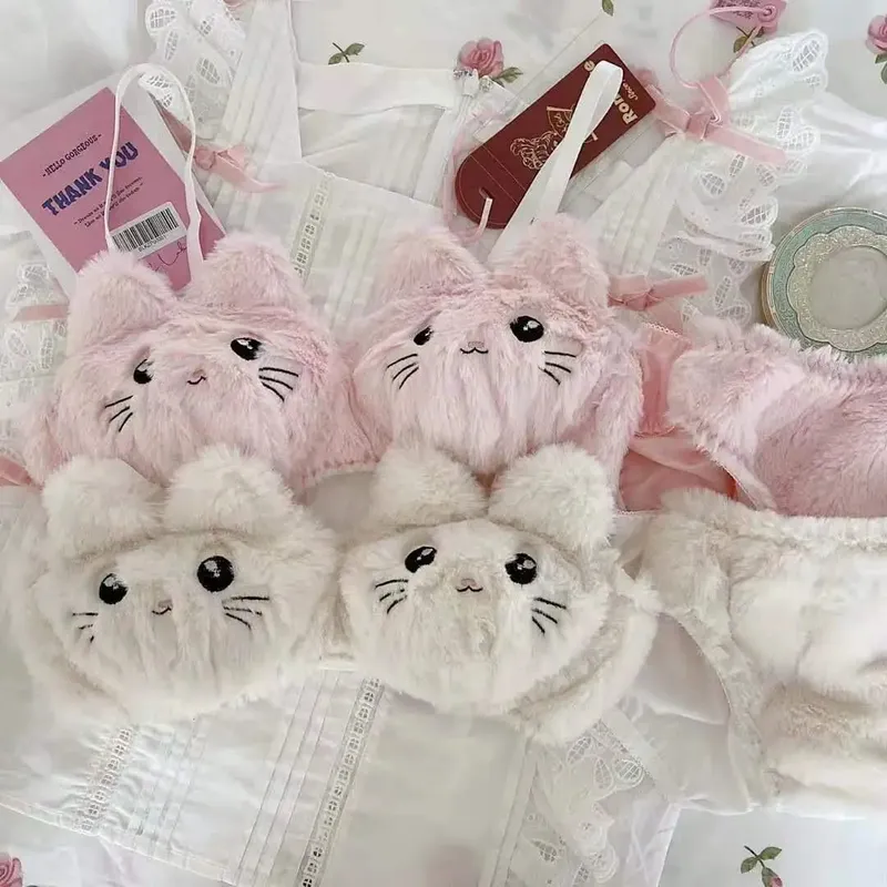 اليابانية Kawaii القطيفة النساء الصدرية مجموعة لطيف فتاة القط مريحة الصدرية مجموعة الكرتون الملابس الداخلية جميل لينة طالب الملابس الداخلية