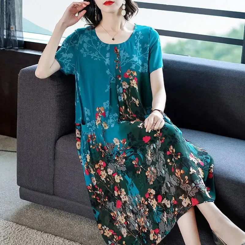 2023 Summer Short Sleeve Casual Stylish Round Neck Dresses Female Folds Floral Printed Commute A-Line Loose Pockets Midi Dress