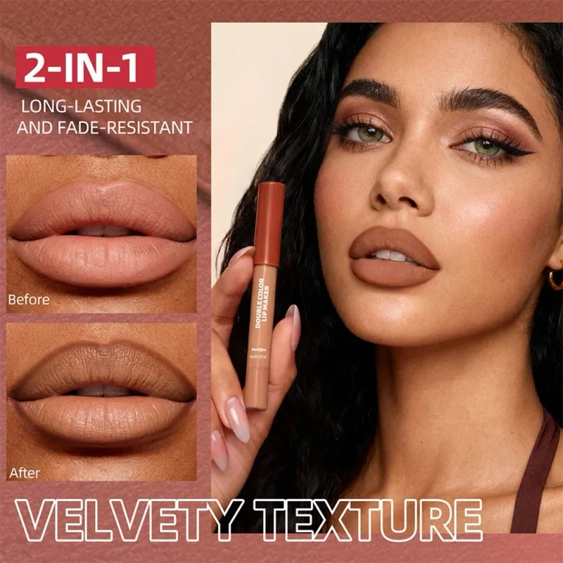 Natural Nude Double‑Color Matte Lip Liner Pen Waterproof Long‑Lasting Plumping Lip Stain Contour Women Makeup Cosmetics