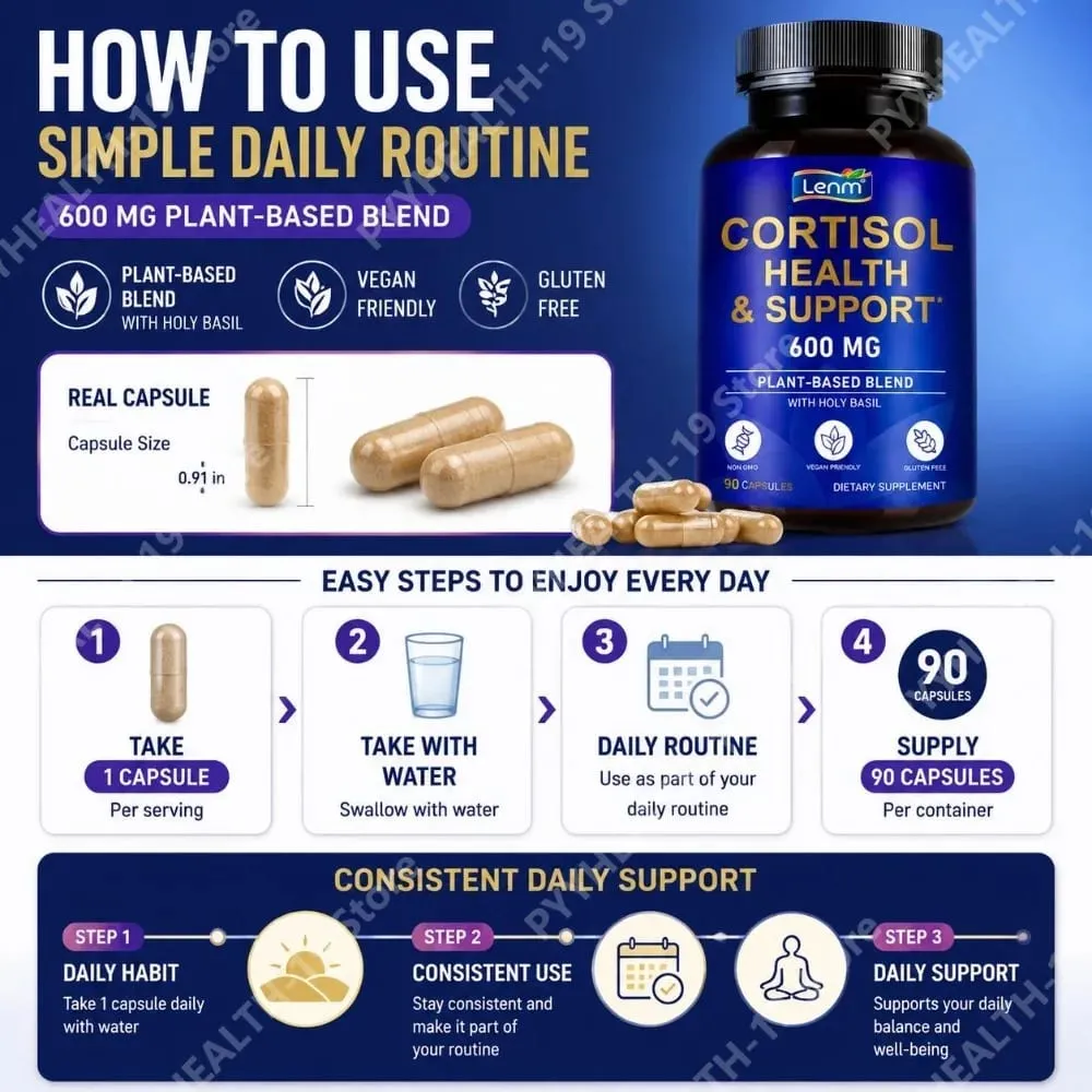 Lenm Cortisol สนับสนุนสุขภาพแคปซูล Ashwagandha Rhodiola Holy Basil L-Theanine สำหรับความเครียด Balance & ผ่อนคลายผู้ใหญ่ 90 นับ