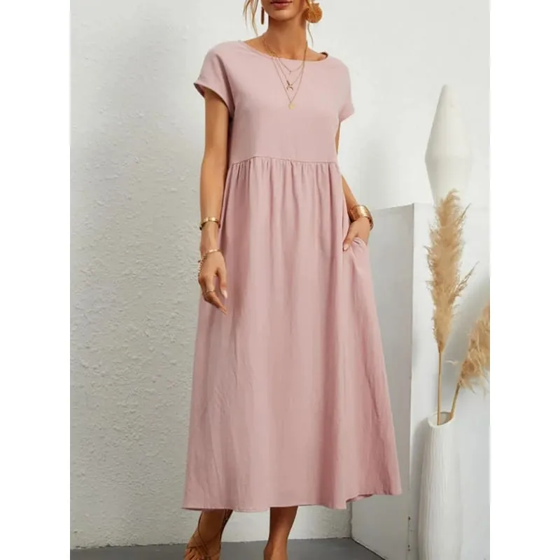Premium Elegant Solid Cotton Linen Dress Summer Midi with Pockets Loose Fit Casual Crew Neck Short Sleeve for Beach Travel
