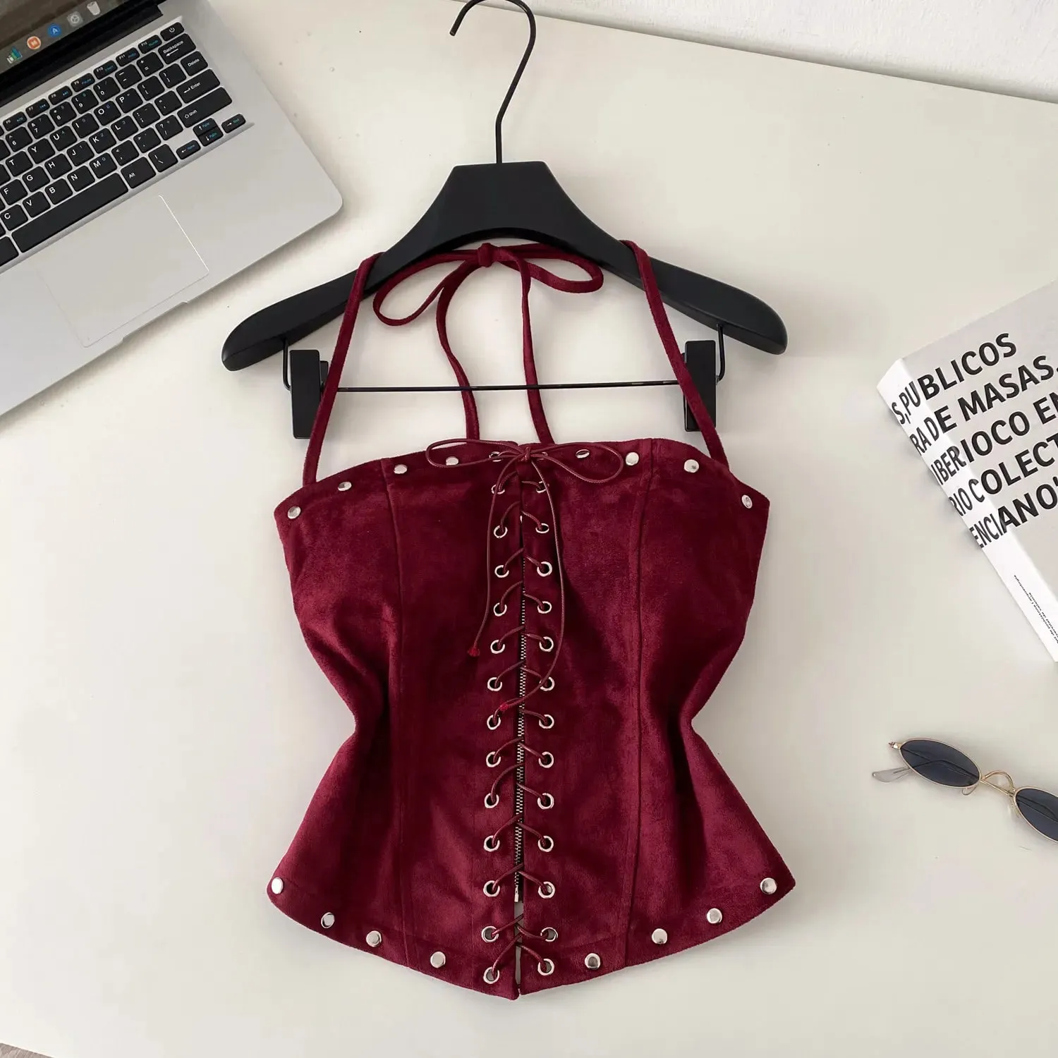 Sexy Bandage Halter Solid Tanks Top Vintage Corset Bustier Korean Autumn Camis Women Party Spice Girl Crop Top
