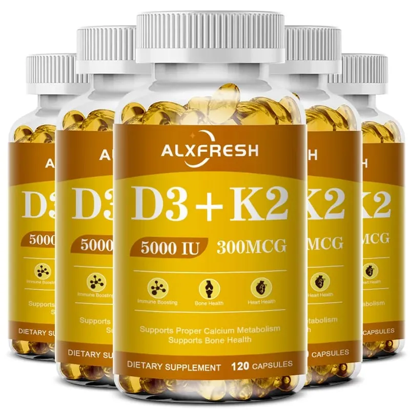 D3K2 Vitamin Capsules 5000 IU 300 mcg for Calcium Absorption Bone Teeth Immune & Heart Health Non-GMO