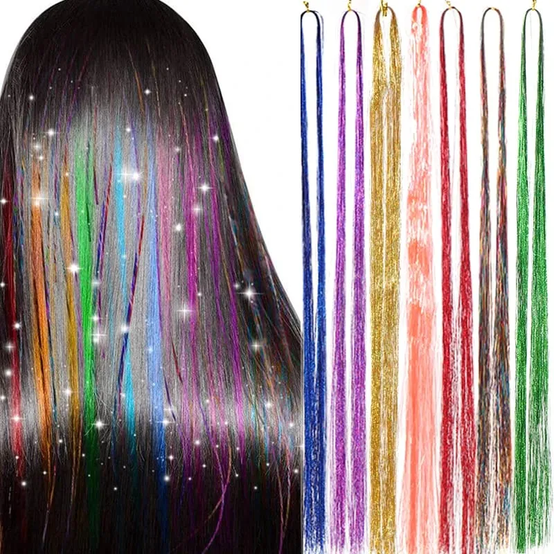 Synthetic Hair Tinsel Kit 48 inch Colourful Fairy Tinsel Hair Extensions Heat Resistant With Shiny Hair Accessories For Women