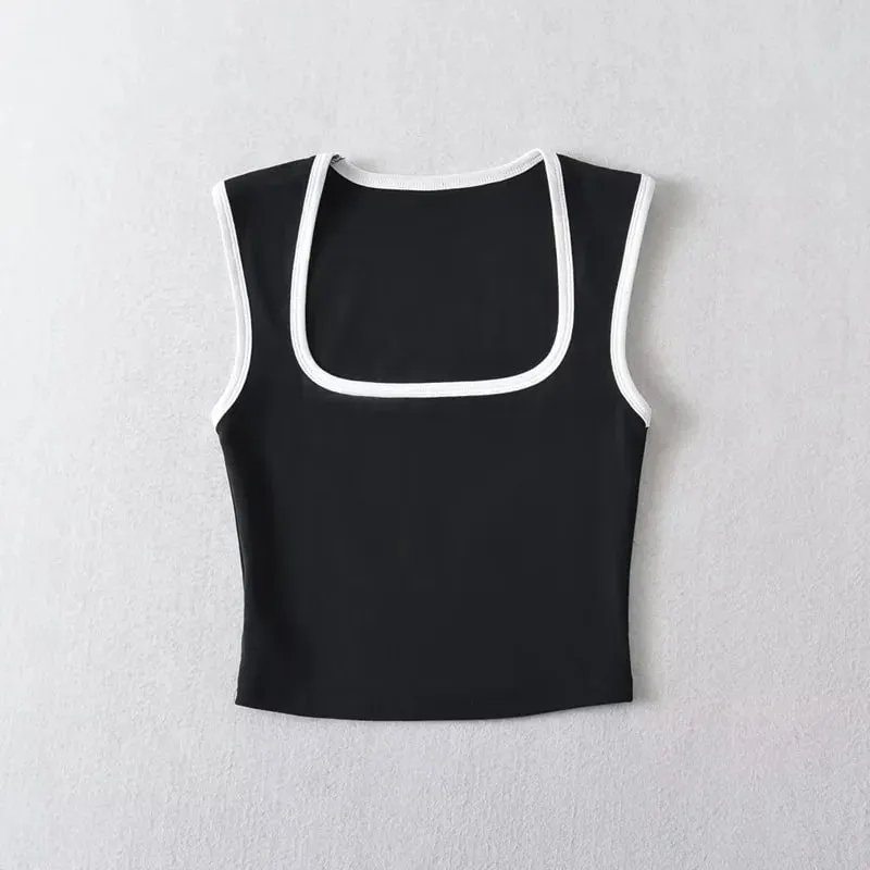 Woman Fashion Slim Solid Contrust Camis Casual Sleeveless Tanks Square Collar Crop Tops Clothing Streetwear Mujer 2024 Y2k