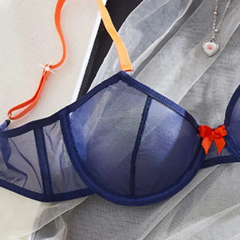 Dámské spodní prádlo námořnická modrá průhledná síťovina spodní prádlo ocelové prsteny podprsenka oranžová tanga s mašlí 2 kusy sexy spodní prádlo kontrastní barva intimky