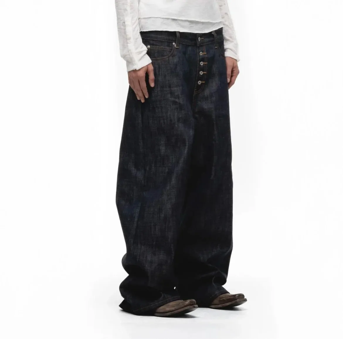 Japanese Raw Denim Loose Fit Jeans Classic Unwashed Cotton Workwear Baggy Trousers for Men