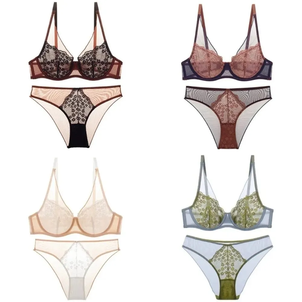 Sweet Mesh Lace Flower Bra Set Lingerie Brassiere Push Up Bra Women Seamless Underwear Lace Floral Underpants Home — image 6