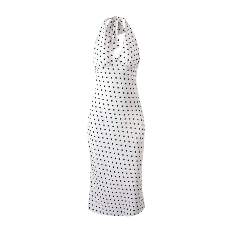 Tuularose Polka Dot Gantung Leher Gaun Panjang Wanita Elegan Tanpa Tali Seksi Lace-up Tanpa Belakang Tanpa Belakang Pakaian Pesta Kelab Fesyen
