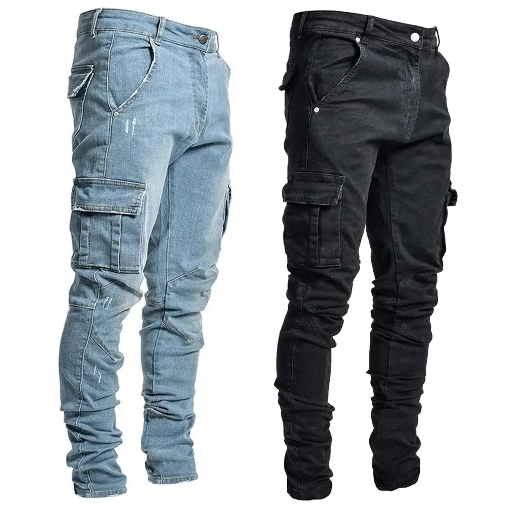 Street Elastic Jeans Men Denim Cargo Pants Wash Solid Color Multi Pockets Casual Mid Waist Trousers Slim Fit Daily Wear Joggers — image 2
